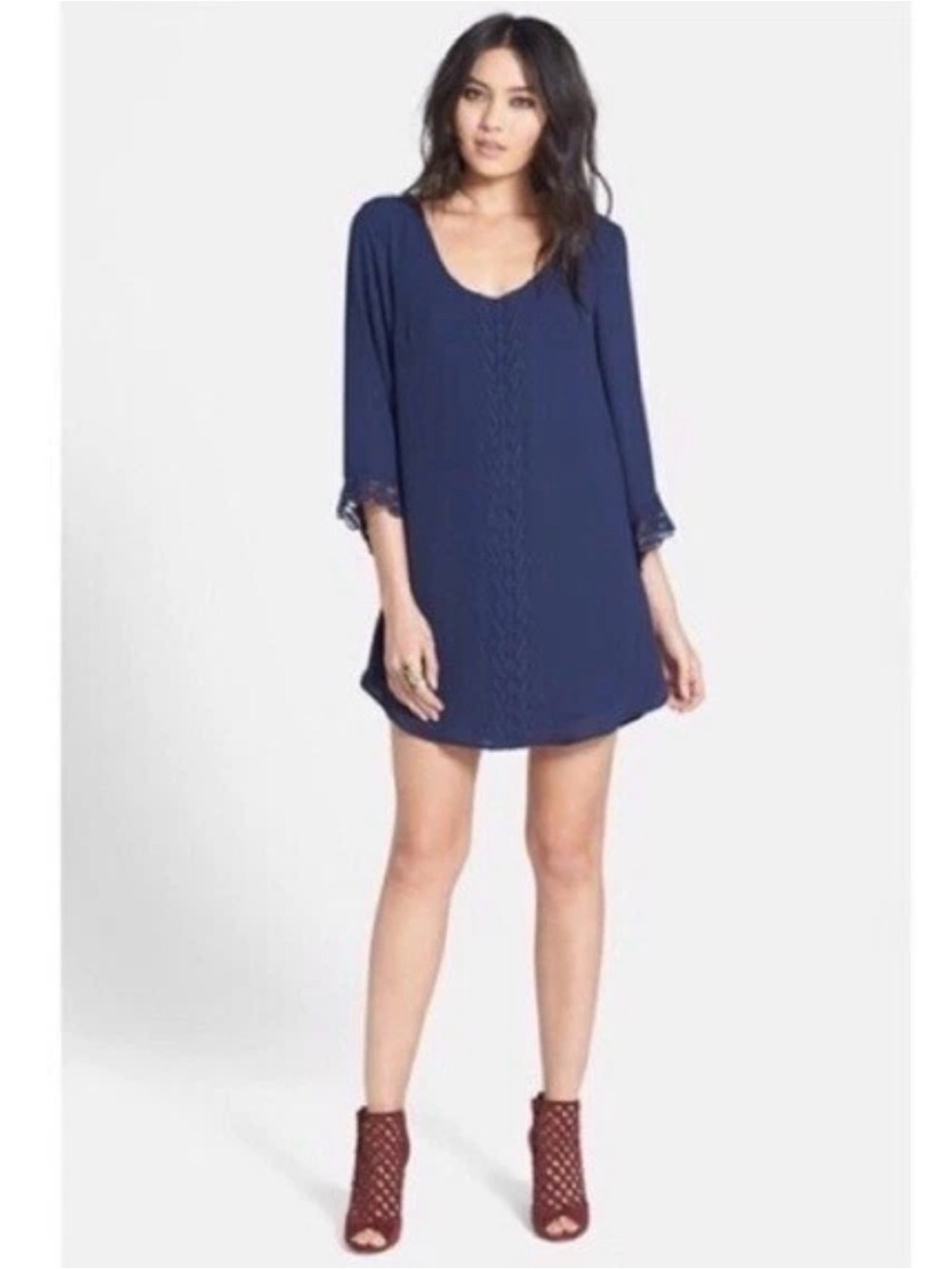 ASTR Navy Blue Chiffon Crochet Lace Mini Shift Dress Womens L Scoop Bell Sleeve